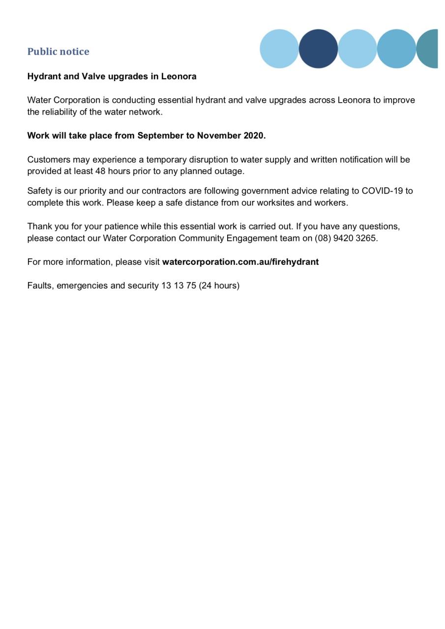 News Story Water Corporation Notice Shire Of Leonora