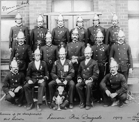 Leonora Fire Brigade in 1909 when local company Bridge & Co donated their helmets.
