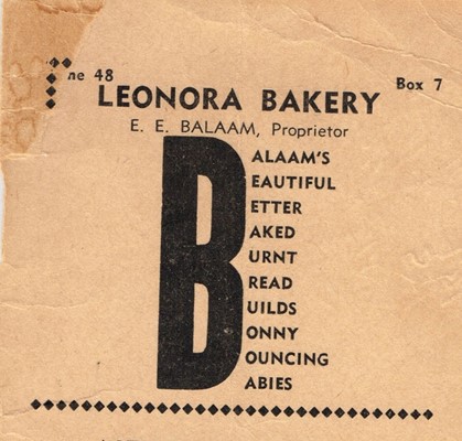 An advertisement for the Leonora Bakery.