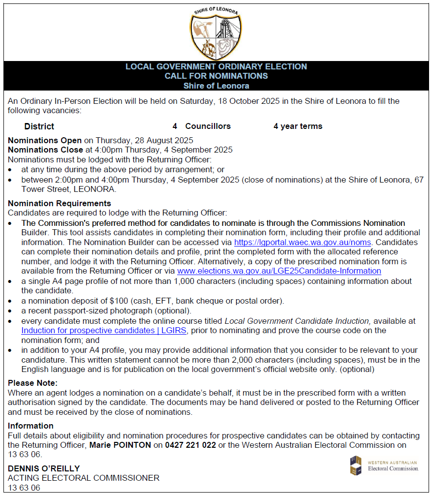 LOCAL GOVERNMENT ORDINARY ELECTION - Call for Nominations -  Shire of