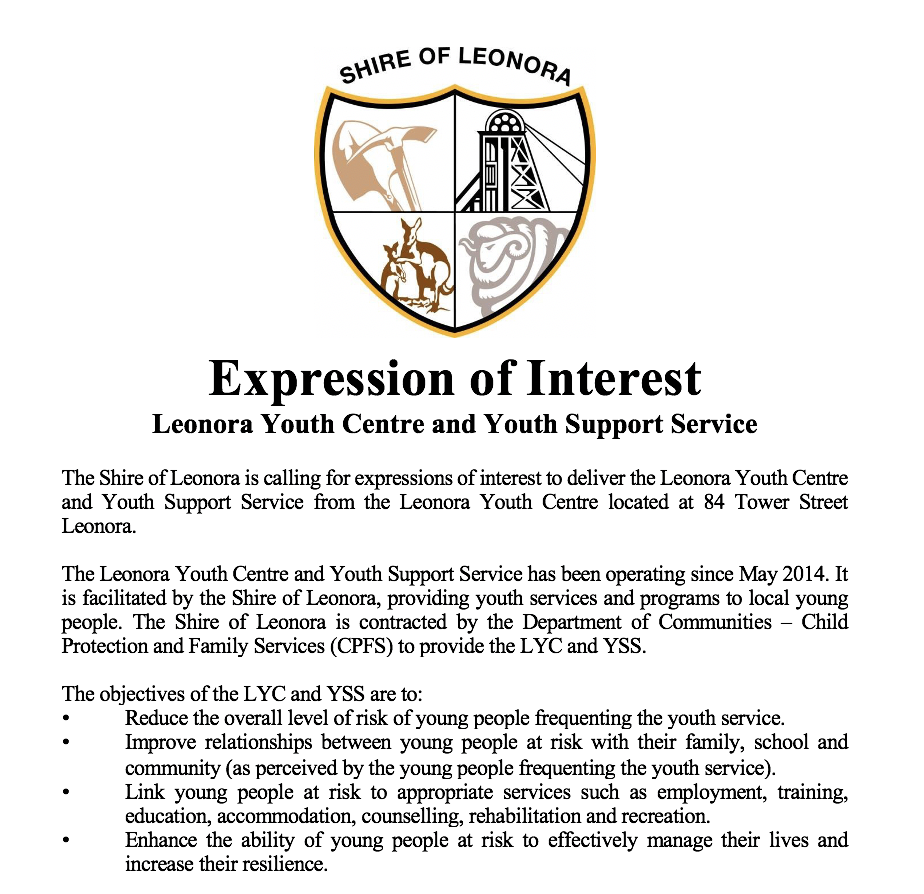 Expression of Interest  Leonora Youth Centre and Youth Support Service