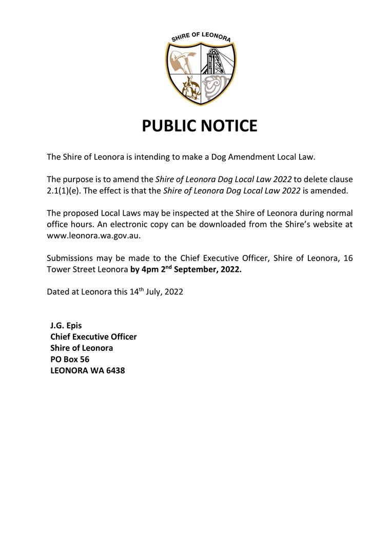220714 Public Notice Proposed Dog Amendment Local Law