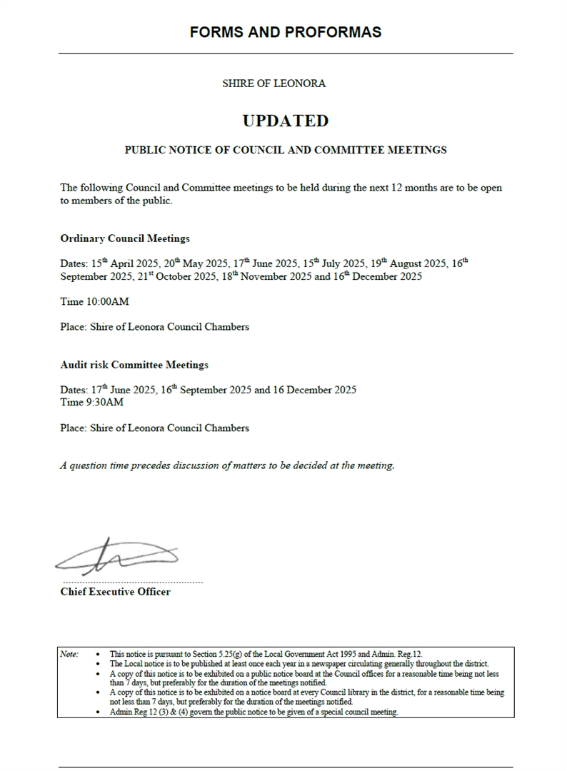 Public Notice - Council and Committee Meetings - Change of Start time